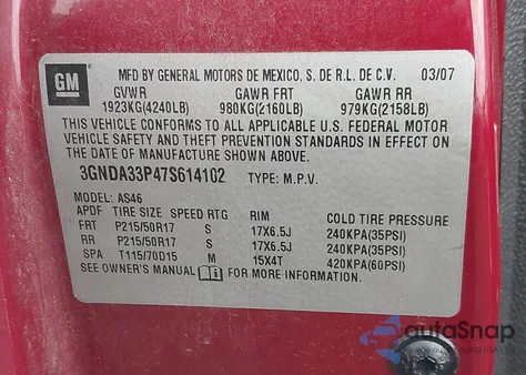 2007 Chevrolet Hhr Lt z USA, uszkodzony, nr VIN 3GNDA33P47S614102